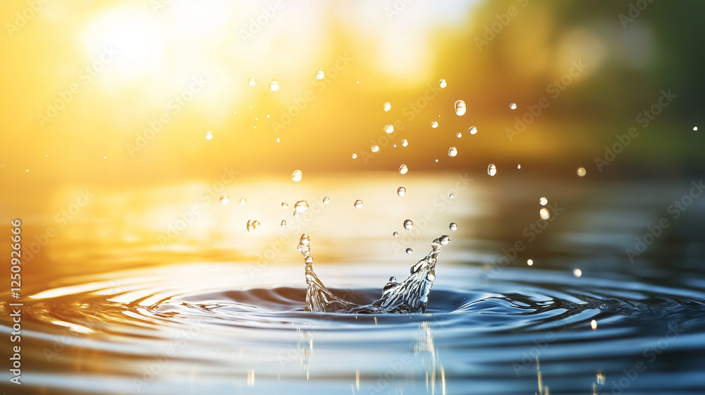 Poster a serene water surface with a soft-focus effect, where golden sunlight filters through gentle ripple