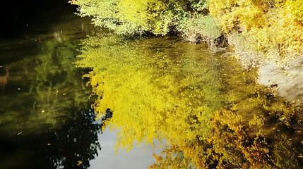 Autumn landscape, water reflection, yellow, trees, natural beauty, serene background. Nature photography for travel, environment, decoration