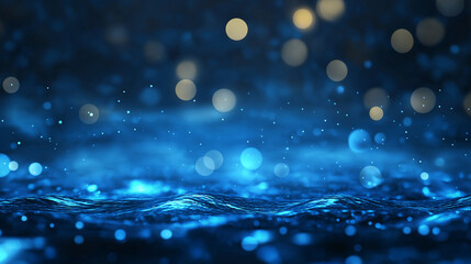 A glowing blue water scene with out-of-focus waves, illuminated by warm sunlight, featuring gentle bubbles rising to the surface