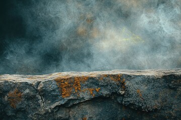 A rugged, moss-covered rock surface against a misty, ethereal backdrop.