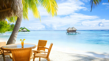 Beach resort view Beverage on table by the ocean, with hut and boats. For travel advertising, tourism, vacation brochures