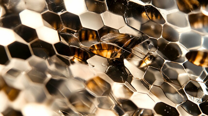 Bees in hexagon honeycomb working together, gathering honey, pollen. Macro view for agriculture, nature, honey production and hive products