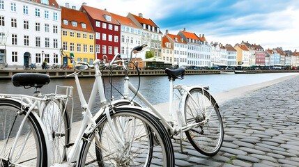Fototapeta premium Bikes on the canal in Copenhagen with colorful buildings for tourism, travel guides, city break, architecture, culture, and lifestyle material
