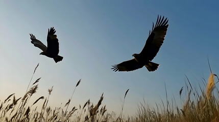Obraz premium Birds flying over reeds at sunset in nature. Stock photo used to depict wildlife or freedom