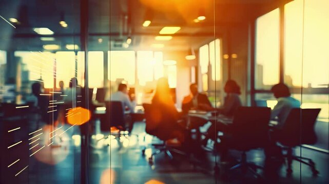 People silhouettes working together in office workspace at sunset, business strategy teamwork, brainstorming collaboration