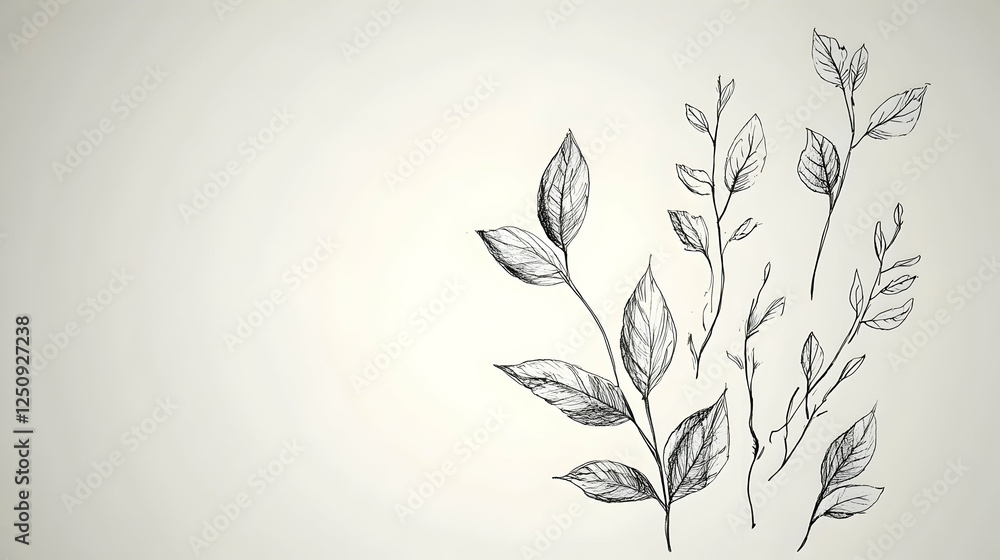 Poster botanical sketch twigs and leaves arranged on paper creating a rustic, nature-inspired scene for dec