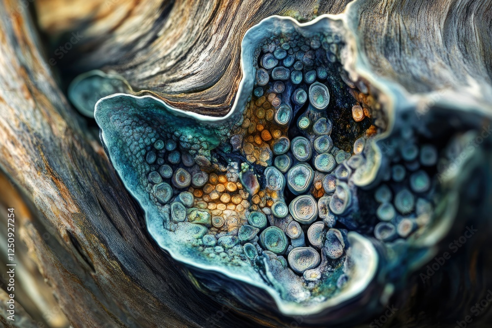 Poster intricate textures of a decaying tree, showcasing vibrant blues, oranges, and intricate patterns of 