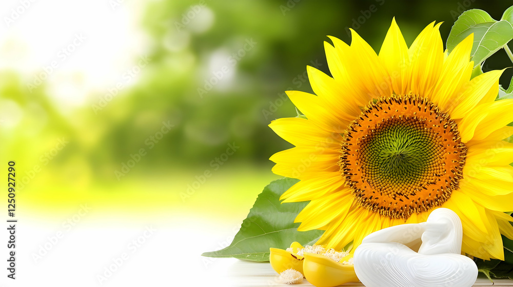 Aufkleber bright sunflower in a field with beauty items on a table for wellbeing. background bokeh for use in 