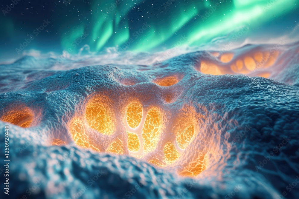 Poster glowing subsurface caverns under a mesmerizing aurora borealis, creating a surreal and otherworldly 