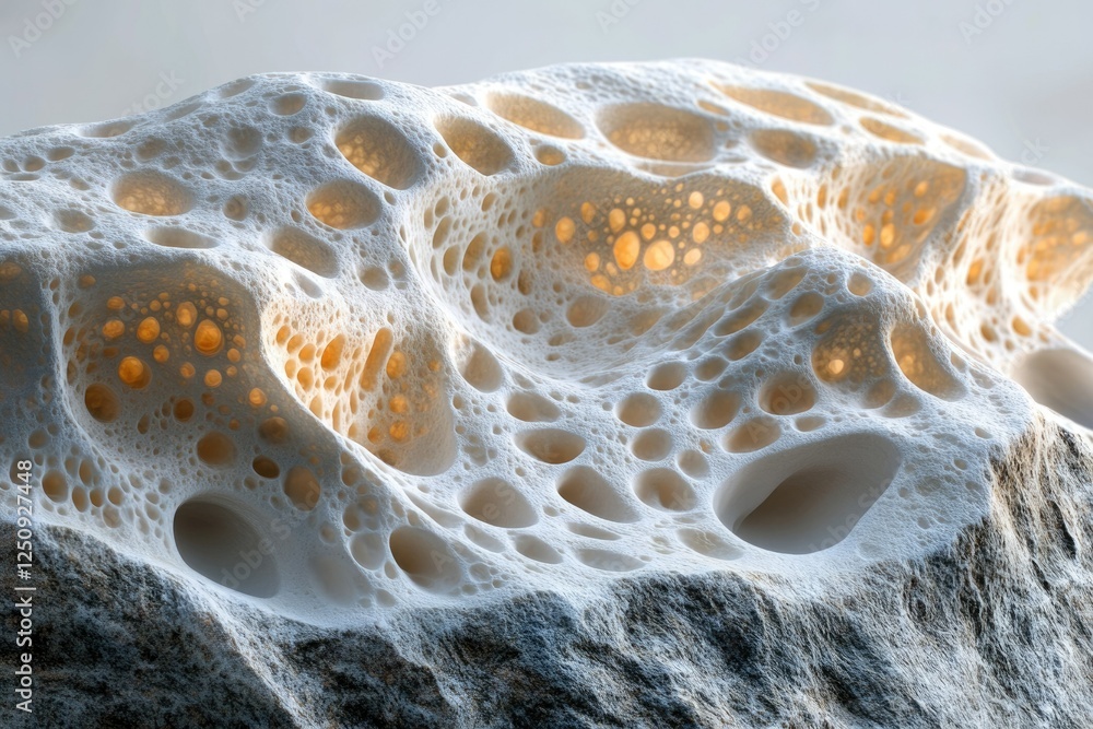 Poster abstract 3d render of porous stone, textured surface with many holes, illuminated from within.