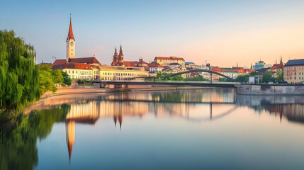 Obraz premium Calm river reflection of european city buildings in soft morning light. Ideal for tourism marketing and travel websites