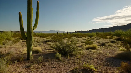 Cactus in arid desert environment. Dry plains with mountains under clear sky. Illustrates nature, conservation, or travel