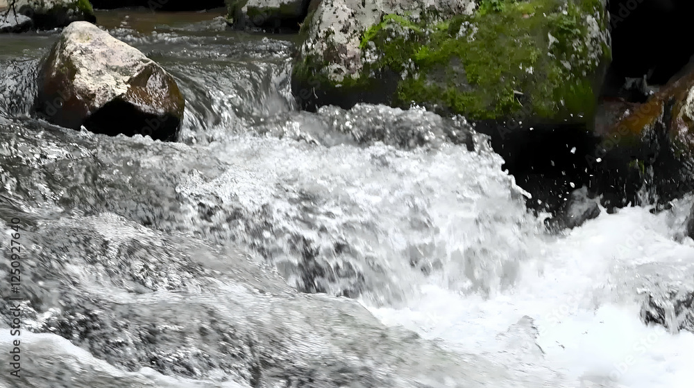 Poster cascading river flows over rocks in a forest, creating a scenic nature scene. possible use environme