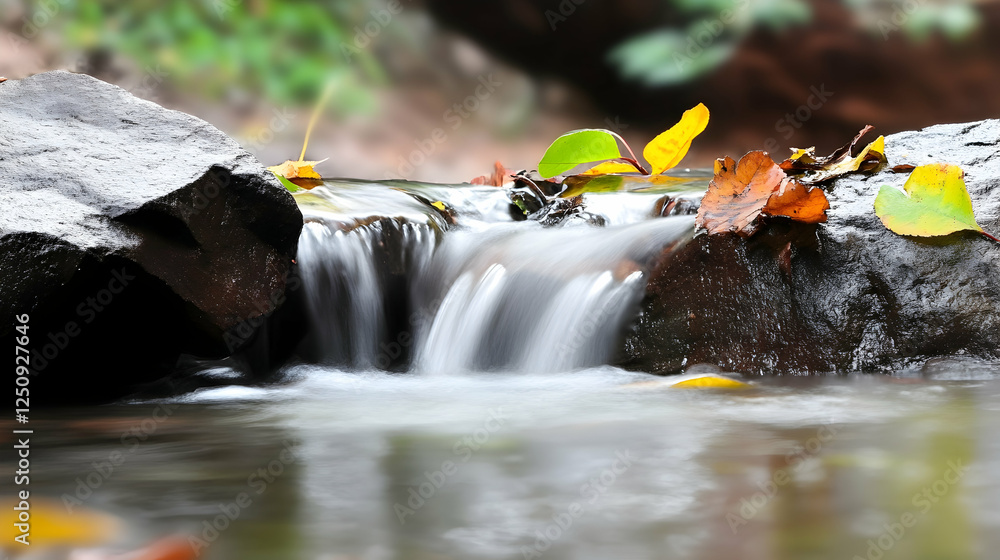 Poster cascading stream over rocks with colorful autumn leaves and blurred trees in the background. could b