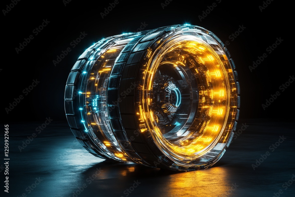 Poster high-tech futuristic tire with a transparent outer shell, displaying glowing internal mechanics.