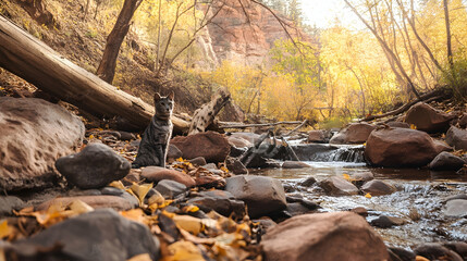 Cat sits among rocks at river's edge in autumn forest. Serene, natural, warm scene. Stock photo for blog, nature, pet articles