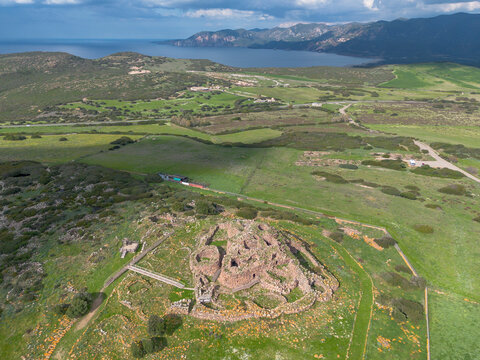 Nuraghe Seruci. Aerial drone view of the nuragic complex of Seruci, Gonnesa, Sardinia, Italy. Southern Sardinia