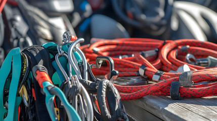Climbing gear, ropes, and harness lying on a wooden surface for mountain adventures or safety courses, blurred gear in background