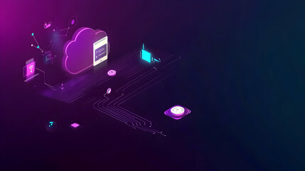 Cloud data isometric concept on circuit background. Tech solution for data access, management and transfer. Use tech, IT, business