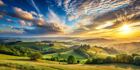 Breathtaking Sunrise Over Rolling Hills and Lush Green Fields