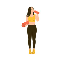 Woman drinking water from bottle with yoga mat in hands. Girl ready for fitness, gym workout. Active female's hydration after sport training. Vector illustration isolated on white background