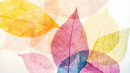 Colorful leaves overlapping creating an abstract pattern on a bright background for seasonal design or decoration