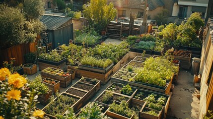 Rooftop urban garden flourishing at sunset, showcasing diverse plants in raised beds, city backdrop