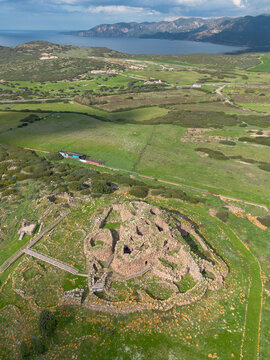 Nuraghe Seruci. Aerial drone view of the nuragic complex of Seruci, Gonnesa, Sardinia, Italy. Southern Sardinia