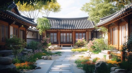 Fototapeta premium Serene Asian courtyard garden path, sunny day, tranquil background, architectural design