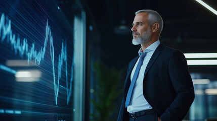 Fototapeta premium A professional businessman in a modern boardroom, standing beside a futuristic holographic projection of rising financial indicators and company growth.