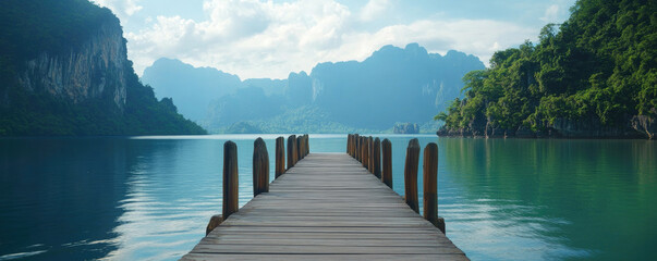 Wooden pier, serene lake, towering mountains, lush green forest, tranquil water, reflections, misty atmosphere, panoramic view, cloudy sky, calm landscape, nature scenery, wilderness, peaceful setting