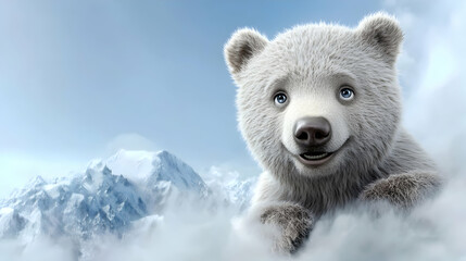 Cute polar bear cub resting in clouds with mountain background. Suitable for children's book, educational content, or advertising related to nature