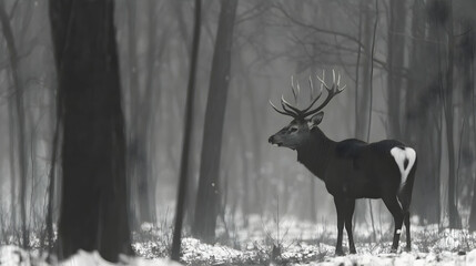 Deer standing in a snowy forest, possibly for wildlife documentaries or environmental conservation campaigns
