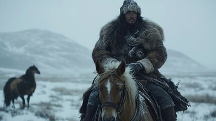 Fototapeta premium A Mongolian eagle hunter rides in snowy landscape.