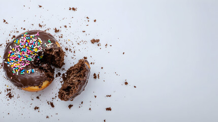 Delicious chocolate donut is being eaten with colorful sprinkles on a white background. Use for food blog posts and snack ads
