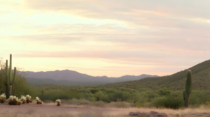 Obraz premium Desert cacti, mountains, and shrubs under pastel sunset sky. Nature background for travel, environment, or southwestern-themed projects