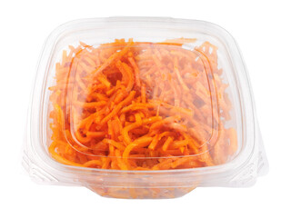 Korean spicy carrot salad in container isolated on white background.
