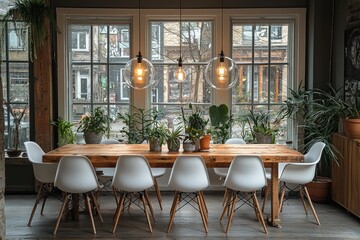 Obraz premium Rustic Dining Room With Plants And Pendant Lights