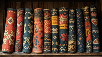 Rolled rugs, ethnic patterns, wooden shelf, display, shop