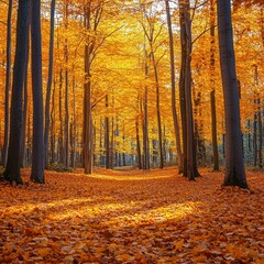Golden autumn forest path, sunlit leaves, woodland background, nature scene