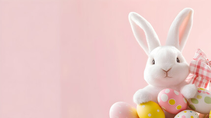 Obraz premium Festive Easter still life shows a toy bunny next to colored eggs. Suitable for holiday greetings and promotional materials