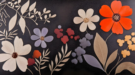 Floral pattern on black surface blossoms and leaves decoration, perfect for wallpaper, arts and crafts, or for floral design templates