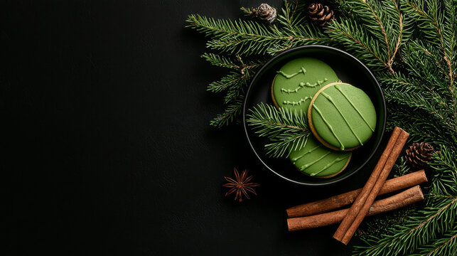 Flat lay food arrangement. Festive green cookies with pine branches and cinnamon sticks