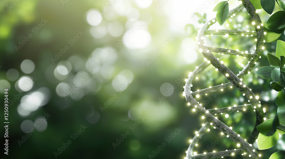 Poster a sleek and modern dna strand with luminous orbs along its structure, surrounded by soft bokeh medic