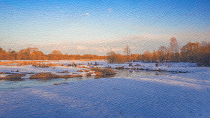 Snowy landscape with a river and trees in the background