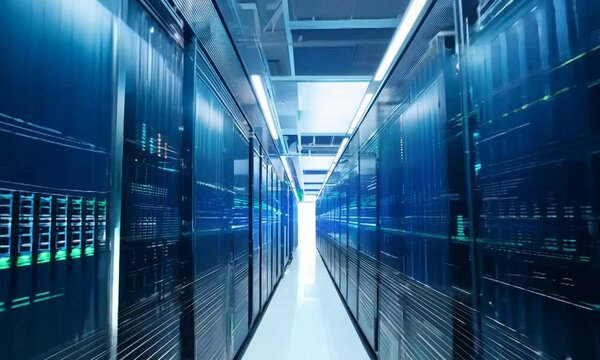 A smooth camera glide through a futuristic data center. The racks of servers are illuminated with a blue glow, showcasing the massive scale and complexity of the data storage facility.