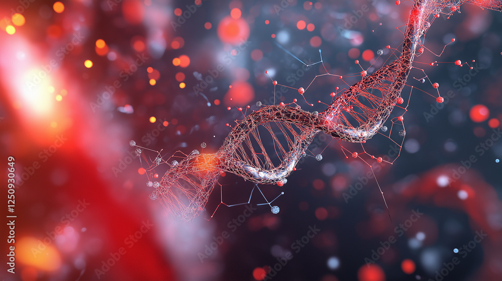 Poster a wireframe dna strand pulsating with bio-digital signals, set against an advanced laboratory-inspir
