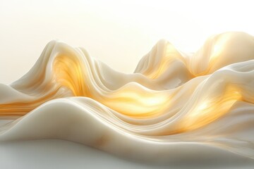Abstract beige and gold waves create a surreal, flowing landscape reminiscent of sand dunes or flowing fabric.