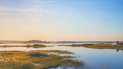Painting of a lake with a bird flying over it