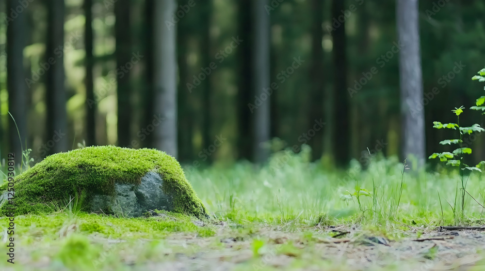 Poster green moss on a rock in forest. natural setting for background or use in advertisements